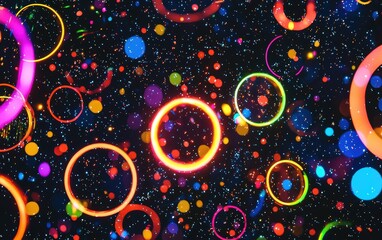 Wall Mural - Bright neon circles with dynamic glow on a dark cosmic background