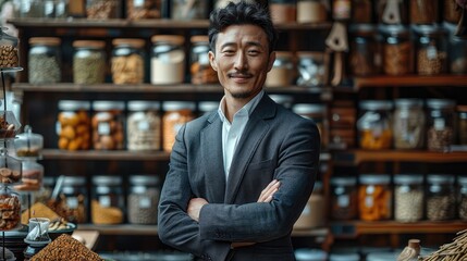 Aufkleber - a Chinese businessman is surrounded by Chinese herbal medicines. medicine technology concept.