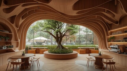 Wall Mural - A coffee shop, featuring an arched wooden ceiling and walls with light-colored wood paneling. The interior includes circular tables arranged around the central tree in the center of the space.