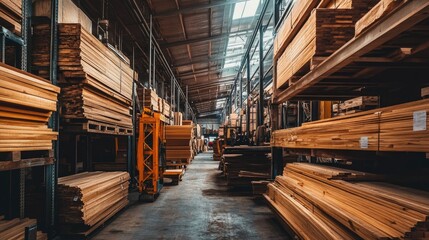 Aufkleber - Wooden planks stacked high in a lumber warehouse