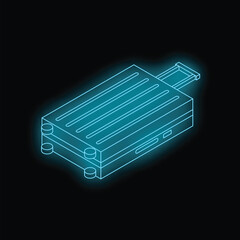 Poster - Blue neon suitcase is glowing on a dark background, creating a vibrant and modern representation of travel