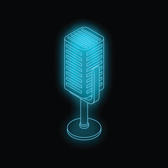 Poster - Blue neon isometric microphone glowing on black background, concept of podcast, radio or music