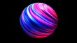 © fajar - Abstract sphere with vibrant swirling neon pink, blue, and white stripes on black background.