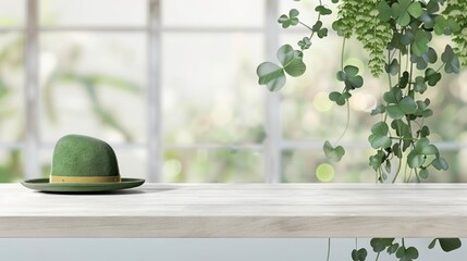 Wall Mural - Green Hat on Wooden Table Surrounded by Lush Greenery and Soft Natural Light in Modern Interior Space