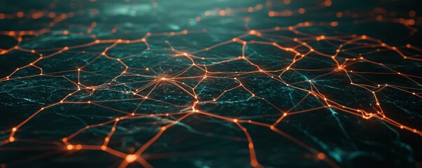 Fototapete - A digital network visualization featuring interconnected nodes with glowing lines, creating a vibrant, abstract representation of data flow.
