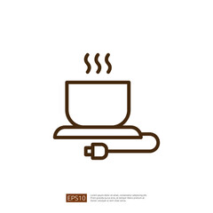 Poster - Coffee Icon with Steaming Cup on Heat Base and Electric Cord for Home Brewing in Minimalist Line Art Design