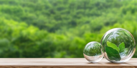 Poster - A serene image featuring glass spheres containing green leaves, set against a lush, blurred green background.