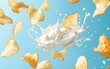 © Sergey Fedchenko - Crispy potato chips flying with sour cream and onion dip splashes, mid-air on a pastel blue background
