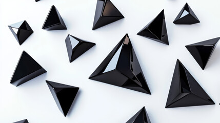 Poster - Abstract wallpaper, consisting of flying black triangles on white background 3d render illustration