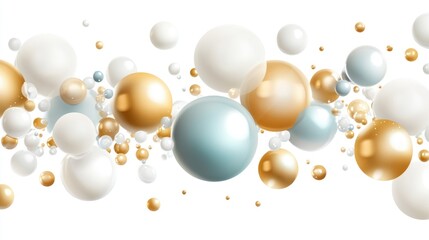 Wall Mural - Abstract 3D rendering of floating gold, white, and blue spheres on white background.