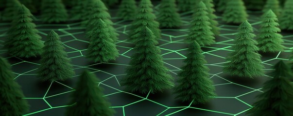 Aufkleber - A digital landscape featuring stylized green trees interconnected by a geometric network, representing nature and technology merging harmoniously.
