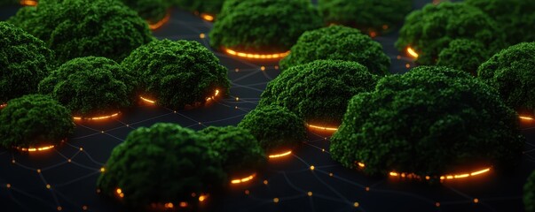 Poster - A vibrant, digital landscape featuring lush green trees illuminated by subtle orange lights, creating an enchanting nighttime atmosphere.
