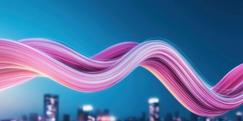 Poster - A vibrant, wavy pink design against a blue background, suggesting energy and motion, with a city skyline in the distance.