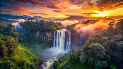 Canvas Print - Majestic Waterfall Cascading Through Lush Tropical Forest at Sunrise