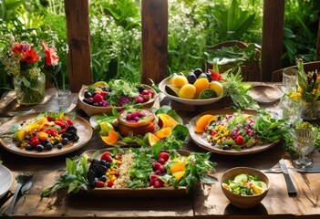 Wall Mural - colorful vibrant plant based meal arrangements surrounded lush natural settings refreshing culinary experience, aesthetic, art, bowl, cuisine, combination