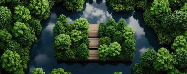 Aufkleber - A serene aerial view of a wooden pathway surrounded by lush green trees, reflecting in tranquil waters under a cloudy sky.