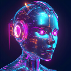 Poster - Cybernetic Vision: A close-up of a futuristic humanoid robot, her visage bathed in neon hues.