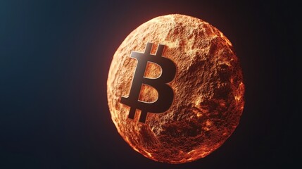 Poster - A glowing Bitcoin symbol is prominently displayed on a textured, fiery planet-like surface, suggesting a dynamic and powerful cryptocurrency theme.
