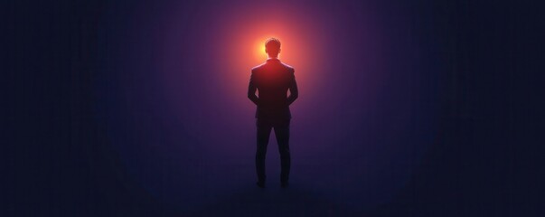 Poster - A silhouetted figure stands against a glowing backdrop, creating a dramatic and introspective atmosphere in dark hues.