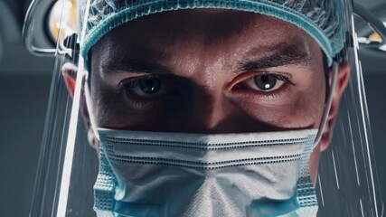 Poster - A surgeon in a high-tech operating room, illuminated by bright surgical lights,