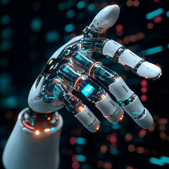 Poster - Robotic Hand Reaching: A futuristic robotic hand, gleaming with chrome and intricate circuitry, extends towards the viewer, suggesting connection, innovation, and technological advancement.