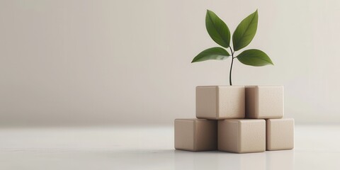 Poster - a small green plant grows from a stack of beige blocks, symbolizing growth, sustainability, and envi