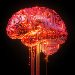 Poster - Digital Brain: A striking depiction of a human brain transformed into a high-tech digital circuit board, illuminated with a vibrant red glow.