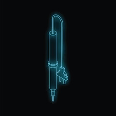 Poster - Neon blue isometric soldering iron glowing on dark background, electronic tool for repair and engineering