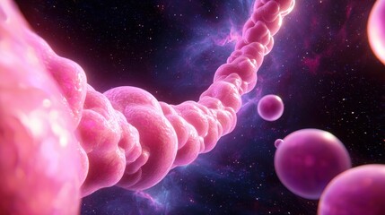 Poster - A vibrant, cosmic scene featuring pink, spherical shapes connected by a twisting strand, evoking a sense of deep space and molecular structures.