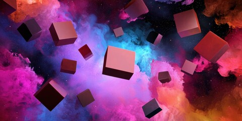 Poster - A vibrant cosmic scene featuring floating cubes amidst colorful clouds of pink, purple, and blue, creating a surreal, dreamlike atmosphere.