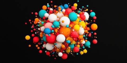 Poster - A vibrant cluster of colorful spheres against a black background, creating a visually striking and dynamic composition.