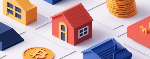 Aufkleber - A vibrant 3D illustration featuring colorful miniature houses, coins, and a Bitcoin symbol, representing real estate and cryptocurrency concepts.