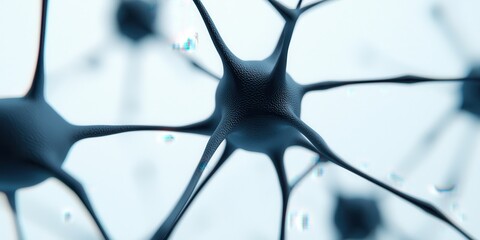 Poster - A close-up view of neurons showcasing their intricate structure and connections in a blue-toned environment.