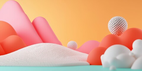 Aufkleber - A vibrant, abstract landscape featuring colorful shapes and hills against a warm orange background.