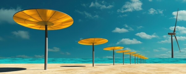 Poster - A serene beach scene featuring yellow umbrellas lined on the sand under a vibrant blue sky with a gentle breeze.