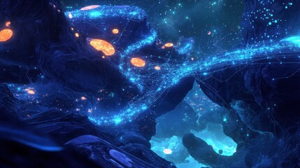Poster - Abstract Cosmic Landscape With Glowing Nebulae And Network