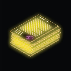 Poster - Isometric view of a stack of neon yellow glowing documents with a purple stamp, representing bureaucracy, paperwork, and office work