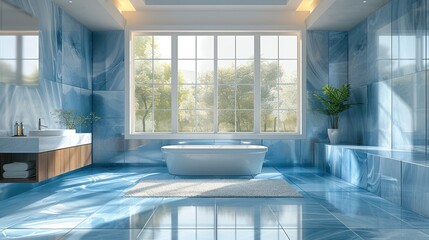 Poster - A contemporary large bathroom with blue tiles on the floor and white marble on the walls. a nice sunny day with the sunlight falling over the sink unit.