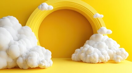 Canvas Print - Yellow background with white clouds and circular frame.