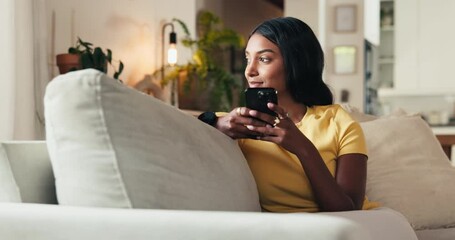 Fototapete - Thinking, phone or Indian woman on couch to relax on social media for rest or comfort on weekend in home. Remembering, technology or female person with mobile on sofa for memory and online dating app