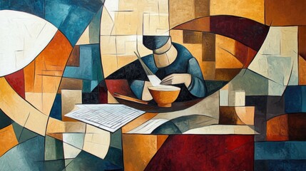 Poster - Abstract Cubist Painting Of A Person Reading