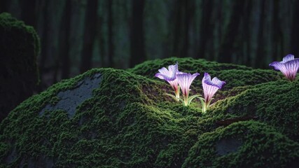Poster - Glowing flowers with delicate striped petals growing between dark stones in a forest,