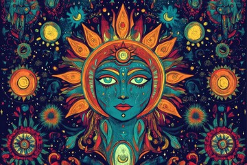 intricate artwork depicting a celestial goddess with vibrant colors and cosmic motifs, featuring sun