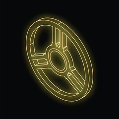 Wall Mural - Neon yellow steering wheel glowing on black background representing driving, transportation, and automotive industry