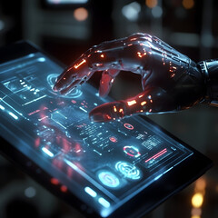 Poster - Touch of Tomorrow: Futuristic android hand interacting with a glowing digital tablet interface, symbolizing advanced technology and future innovation.