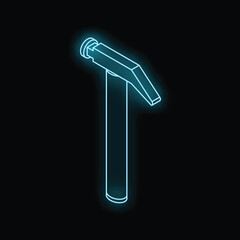 Poster - neon blue hammer glowing on dark background, representing construction, repair, and craftsmanship