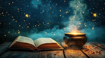 Aufkleber - Mystical Scene with Book Cauldron and Stars