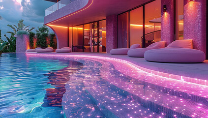 Aufkleber - The craziest most extraordinary and extravagant and most vibrant pool in a backyard with RGB lights and bright vibes.