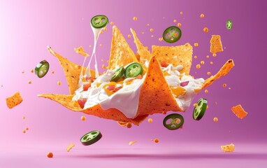 Wall Mural - Flying nachos with melted cheese, jalapeÃ?os, and sour cream drizzles, hovering on a pastel purple background