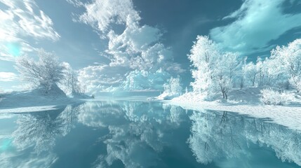 Poster - Serene Winter Landscape With Trees Reflected In Still Water